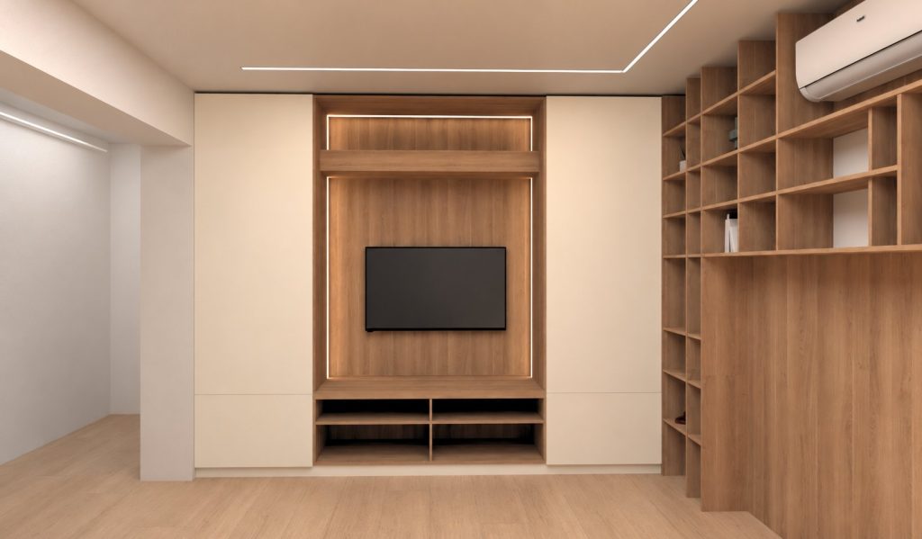 Simulare mobilier living la comandă cu fronturi din MDF vopsit fără profile decorative