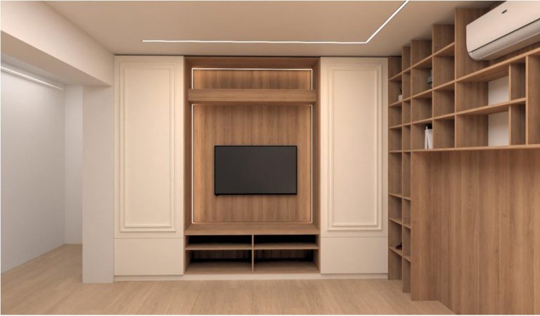 Simulare mobilier living la comandă din MDF vopsit cu profile decorative, sistem Magic Living și iluminare LED