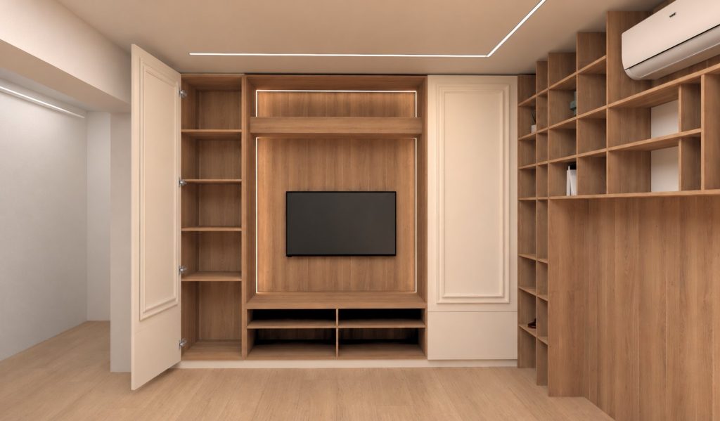 Simulare mobilier living la comandă cu uși pe balamale în locul sistemului Magic Living